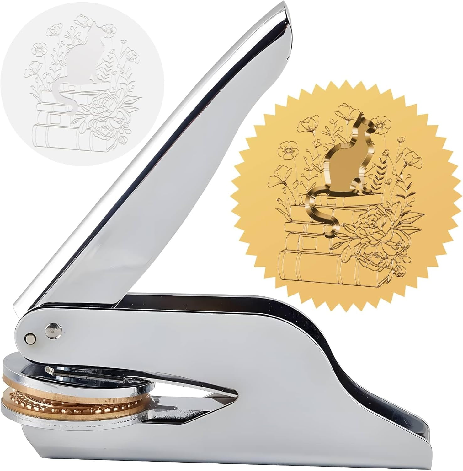 1set Non-Tarnish Custom Embosser Hand-Held Embossing Stamp Seal Embosser for Books Envelopes Napkins Cat Shape 42mm