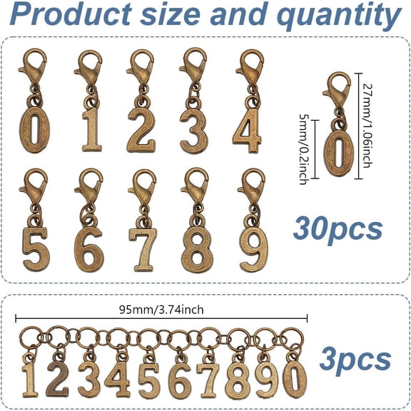 1set Number 0~9 Knitting Tool sets including Alloy Locking Stitch Markers Knitting Row Counter Chains Antique Bronze 9.5cm 33pcs/set