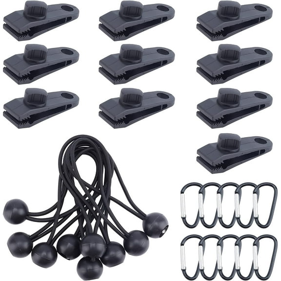 1set Nylon Plastic Tent Clip with Iron D Clasps with Polyester Rubber Rope Camping Accessories for Tarps Tent Clamps Outdoor Camping Pool Awning Cover Canvas Black 46~155x24~27x4~31mm 30pcs/set