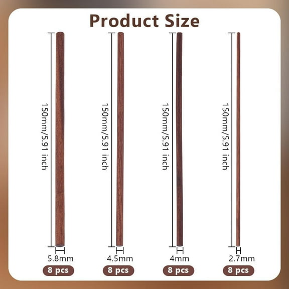 1set OLYCRFAT 32pcs 4 Size Walnut Dowel Rods 6 Inch Long Dowel Rods Wood Sticks 2.7/4/4.5/5.8mm Dia Unfinished Round Sticks Wooden Carving Blocks for Building Model Macrame Craft - Coconut Brown