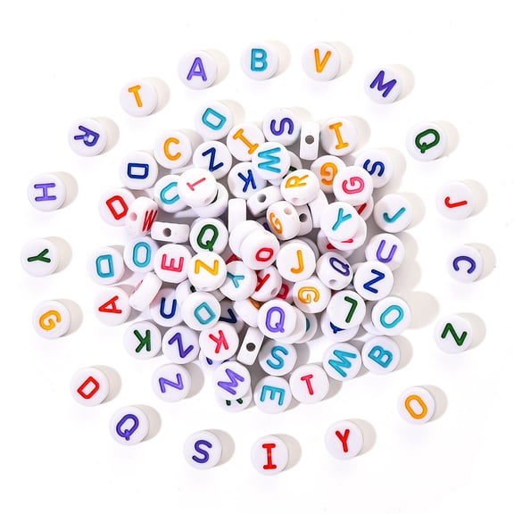 1set Opaque White Acrylic Beads with Enamel Horizontal Hole Flat Round with Initial Letter Mixed Color 9.5x4.5mm Hole: 2mm 100pcs/setDIY