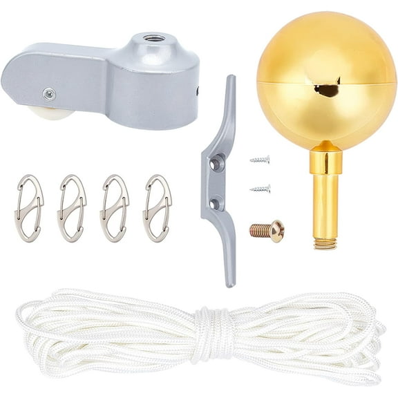 1set Outdoor Flagpole Findings sets Including 50 Feet Flag Halyard Rope Cleat Hook Topper golden Ball Flagpole Pulley Truck Flag Clip Hooks and Screws & Golden 5mm