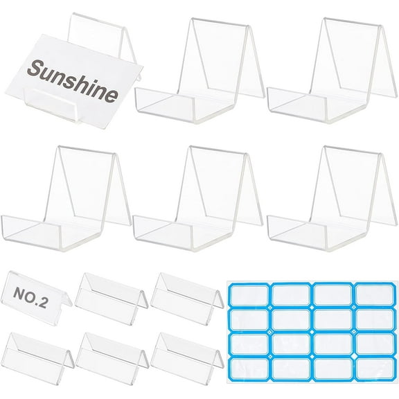 1set PH 2 Styles Sign Display Holder 16pcs Mini Clear Counter Top Holder Acrylic Display Stands Blank Labels Sticker for Displaying Name Card Price Card Tag Label 1.5x0.7 /2x2.9 Inch Clear