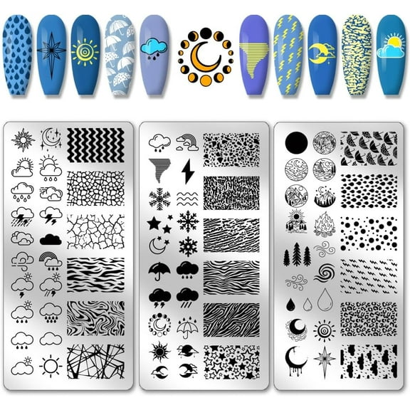 1set PH 3pcs Weather Patterns Nail Stamp Plate Nature Nail Art Templates Stainless Steel Nail Image Plates Cloud Nail Stamp Plates Set for Women Printing Nail Salon Design 4.7x2.3 inch colorful DIY