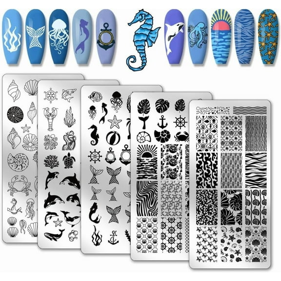 1set PH 5pcs Ocean Theme Nail Stamping Sea Creature Nail Art Templates Shell Starfish Nail Art Stencils Dolphins Nail Plates Turtle Nail Image Plates for Summer Nail Design Manicure Salon Colorful