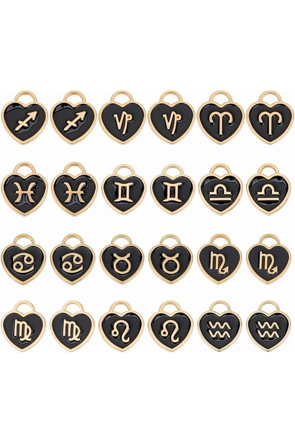 1set PH 96pcs Heart Constellation Charms Zodiac Sign Enamel Pendants Double Sided Astrology Horoscope Dangle Pendants Black