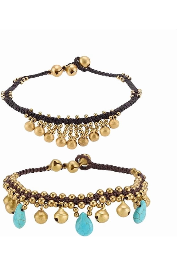 1set PH Ankle Bracelets 2pcs Bell Anklets Indian Anklets Golden Bell Ankle Bracelet Turquoise Drop for Women Adults Boho Summer Beach Jewelry Gifts 9.5 inch Gold