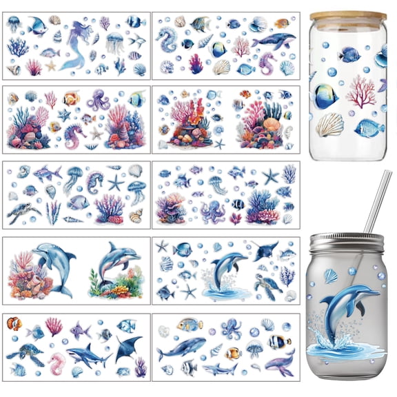 1set PVC DIY Heat Transfer Paper for UV Sublimation Cup Marine Animal 110x240mm 10 style 1pc/style 10pcs/set