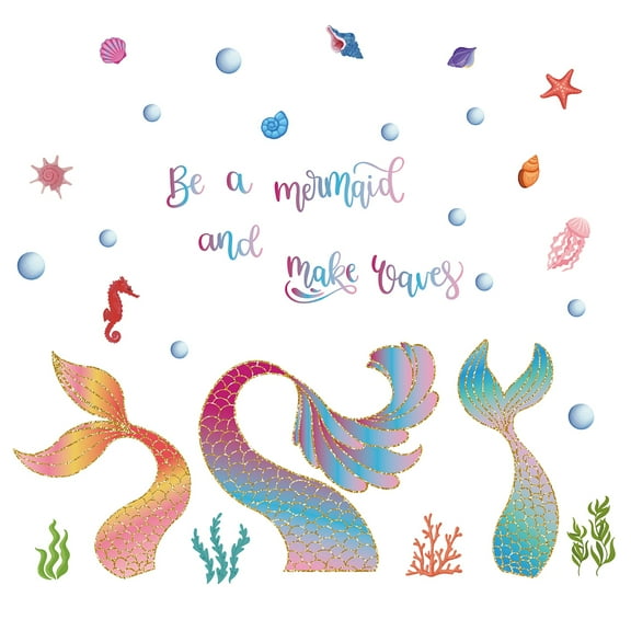 1set PVC Wall Stickers Wall Decoration Mermaid's Tail Jellyfish Shell Coral Sea Grass Ocean Themed Pattern 800x390mm 2pcs/set