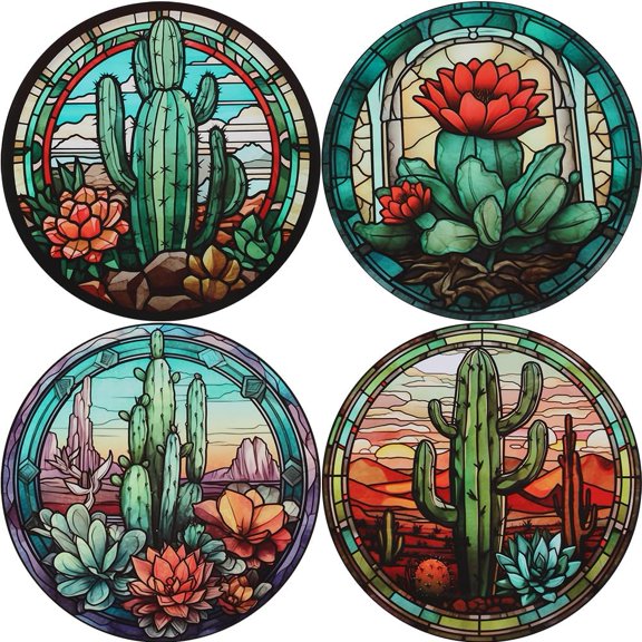 1set PVC Window Static Stickers Round Waterproof Electrostatic stickers for Window Decoration Cactus 255x0.3mm 4pcs/set DIY
