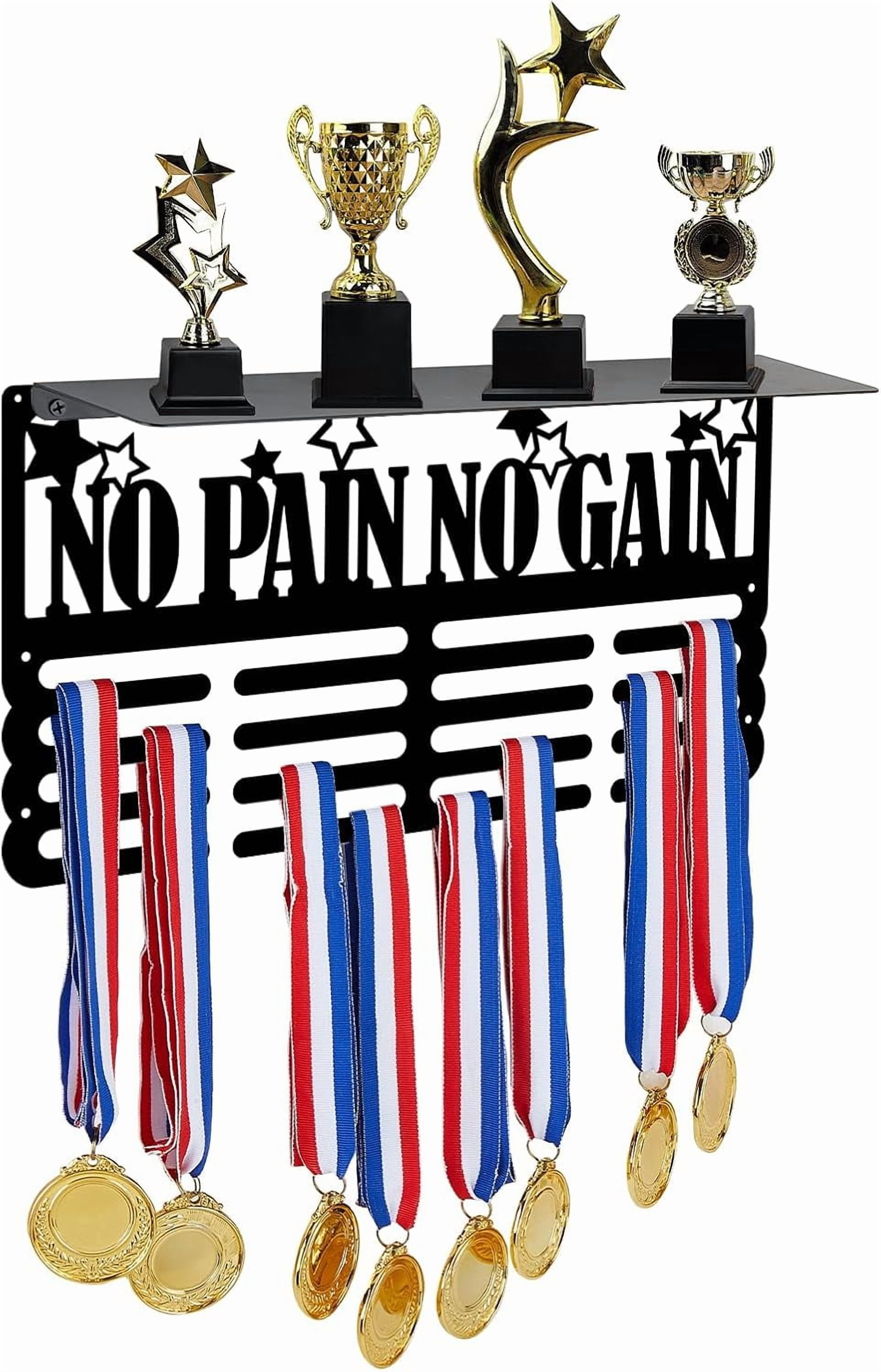 1set No Pain No Gain Trophy and Medal Display Shelf Stars Medal Hanger Display Trophy Shelf Sports Award Display Shelf for Wall Metal Wall Mount Award Ribbon Display for Athletes Black DIY
