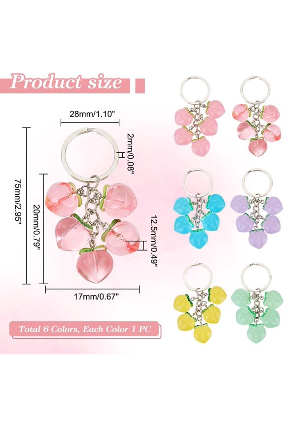 1set Peach Resin Keychains with Iron Findings for Car Key bag Decoration Mixed color 7.5cm 6 colors 1pc/color 6pcs/set
