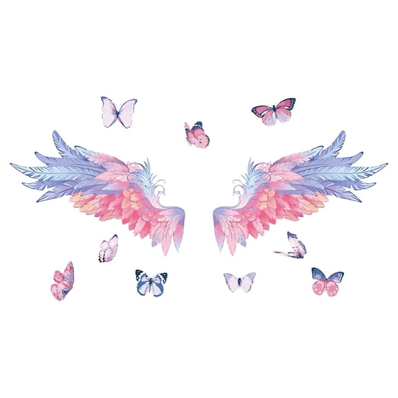1set Pink Wings Stickers Colorful Butterflies Wall Art Feather Wings Wall Decals Peel and Stick Removable Wall Stickers for Girl's Room 's Room Decoration