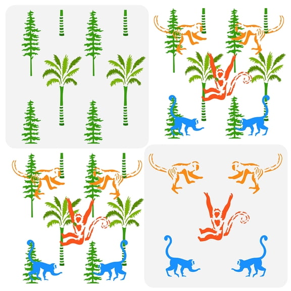 1set Plastic Drawing Painting Stencils Templates Monkey & Palm tree & Pine tree Pattern 30x30cm 2pcs/set.