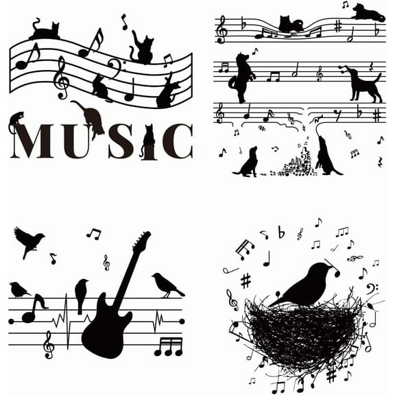 1set Plastic Heat Transfer Film Logo Stickers set for T-Shirt Bags Musical Note 220~250x180~240mm 4 styles 1pc/style 4pcs/set