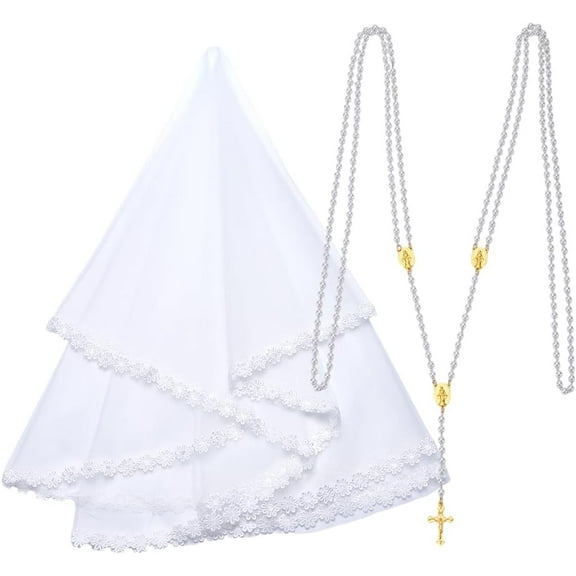 1set Plastic Pearl Beads Wedding Lasso Chain & Flower Organza Bride Main Wedding Veil Headdress sets White 1460mm