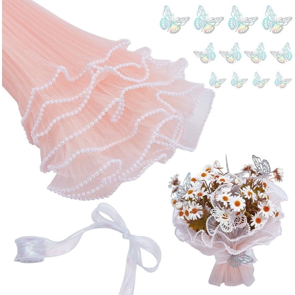 1set Pleated Polyester Mesh Gift Wrapping Bouquet Packaging for Valentine's Day with 1 set Paper Butterfly Stickers and 1 Roll Polyester Organza Ribbons Pink 280mm