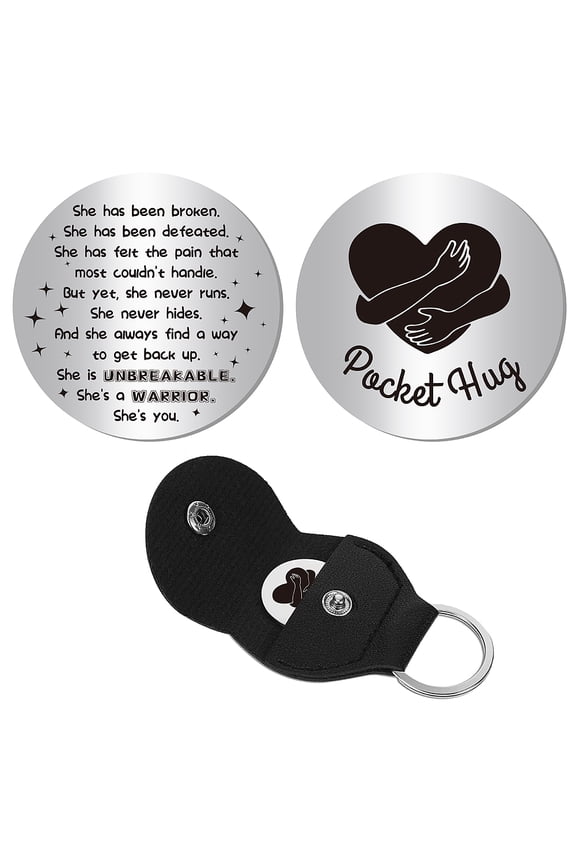 1set Pocket Hug Token Inspiration Gift Long Distance Relationship Keepsake Stainless Steel Double Sided with PU Leather Keychain for Friends Family Daughter 1.2 x 1.2 Inch
