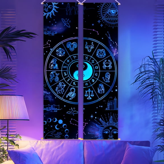 1set Rectangle Luminous Polyester Decorative Wall Tapestrys for Home Decoration with Wood Bar Rope Hooks Constellation 130x33cm 2pcs/set