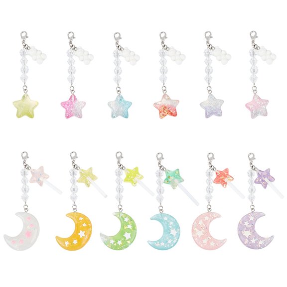 1set Resin & Plastic Mobile Pendant Decoration with Alloy Clasps for Mobile Phone Case Accessories Decoration Star/Moon Mixed color 80~9.5cm 12pcs/set