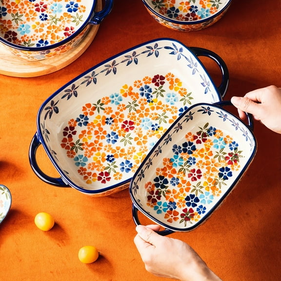 1set Retro Pastoral Style Ceramic Baking Dish Rectangular Bakeware Set Baking Pan, 2pcs Hand-painted Porcelain Baking Pan With Handle, Casserole Dish For Oven/Cooking/Kitchen