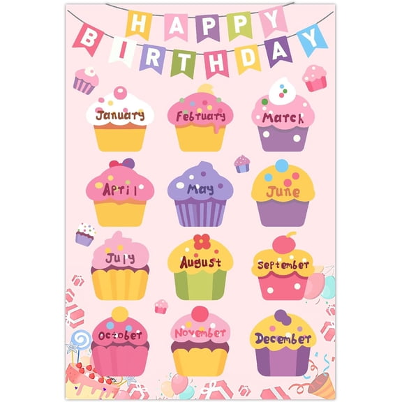 1set Reusable Happy Birthday Chart Posters Birthday Chart Calendar for Classroom Decorations Rectangle with 10pcs Seamless Double-sided Adhesive 419x284mm