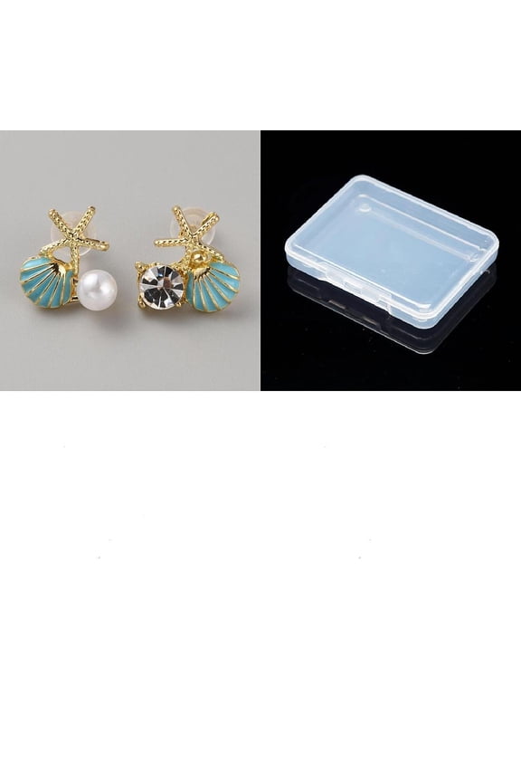1set Rhinestone & Plastic Pearl Asymmetrical Earrings Shell Shape & Starfish Alloy Enamel Stud Earrings with Sterling Silver Pins Dark Turquoise 14x12~13mm 1box