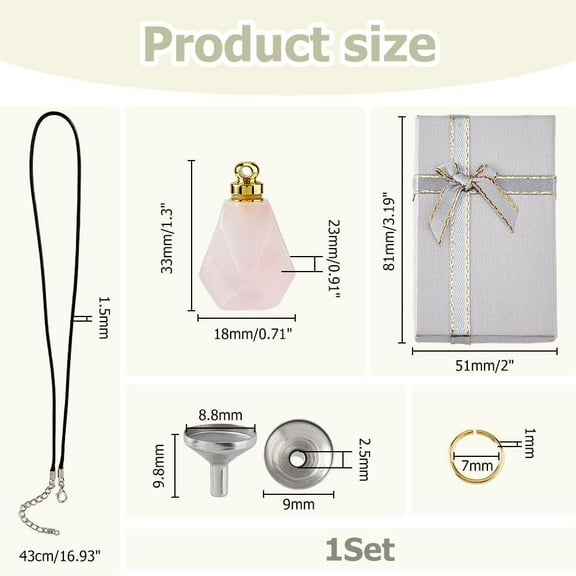1set Rose Quartz Perfume Bottle Making Kits with Stainless Steel Funnel & Waxed Cord 9.8~33x18x9~23mm Hole: 2.5mm