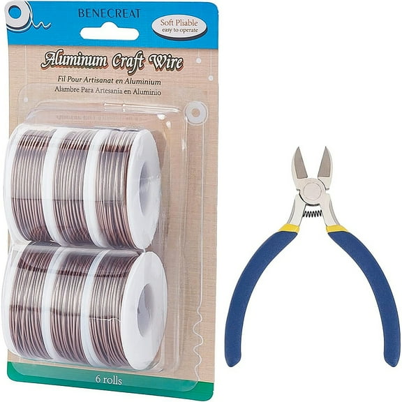 1set Round Aluminum Wire with Iron Side Cutting Pliers Coconut Brown 12 Gauge 2mm 5.8m/roll 6 rolls Brown