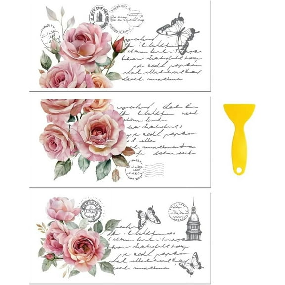 1set Rub on Transfer Decal Sticker for Furniture Craft Decor 6"x12" Pastel Roses and Retro Text 3Pcs Waterproof UV DTF Transfer for Drawer Dresser Glass Porcelain Wood Plastic Window