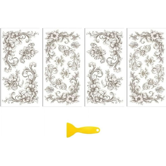 1set Rub on Transfer Decal Sticker for Furniture Craft Decor 6"x12" Vintage Off-White Floral Corner 4Pcs Waterproof UV DTF Transfer for Drawer Dresser Glass Porcelain Wood Plastic Window