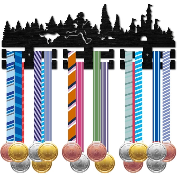 1set Running Medal Hanger Display Sports Medal Holder Race Awards Ribbons Organizer Black Tree Wood Mount Decor Rack Frame for Wall Hanging Over 30+ Medals Runner Players Athletes 15.7x5.9Inch