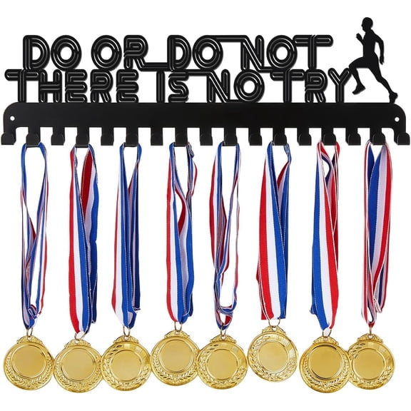 1set Running Medal Hook Run Sports Medal Holder Display Inspirational Text Medal Hanger Rack Metal 17 Hooks Medals Wall Mount Ribbon Display Holder Rack Decor Gifts for Kids Athletes