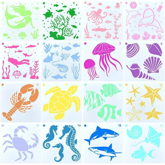 1set Sea Animals PET Plastic Drawing Painting Stencils Templates Mixed Shapes 152x152x0.2mm 16pcs/set