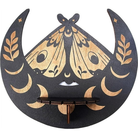 1set Shelf Display Wooden Floating Shelves Gothic Wall Decor Rustic Moon Phase Moth Holder Shelf Hanging Witchy Stuff for Crystals Stones Essential Oil Spiritual Gift 9.84x8.66Inch Colorful