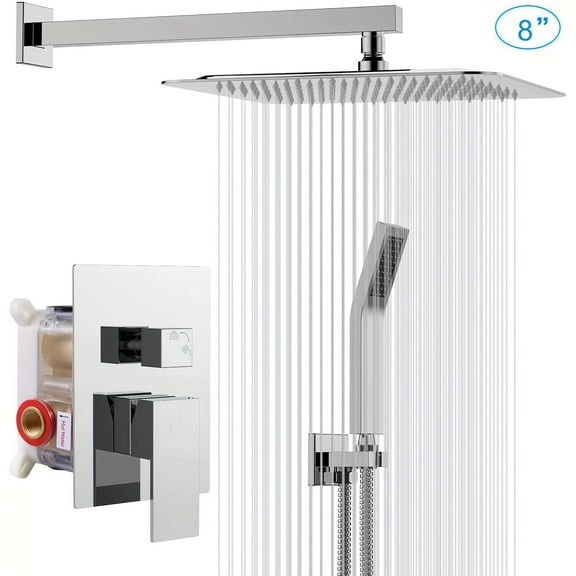 1set Shower System, 8/12/16 Inch Square High Pressure Rain Shower Head, Bathroom Luxury Rainfall Shower System Combo Set with Handheld Sprayer, Wall Mounted Shower Faucet Set, Rough-in Valve  Chrome