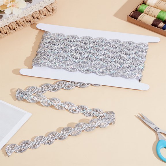 1set Sparkle Polyester Lace Ribbon Wave Edge Lace Trimming with Paillette with Cardboard Display Card Gainsboro 7/8 inch(23mm)