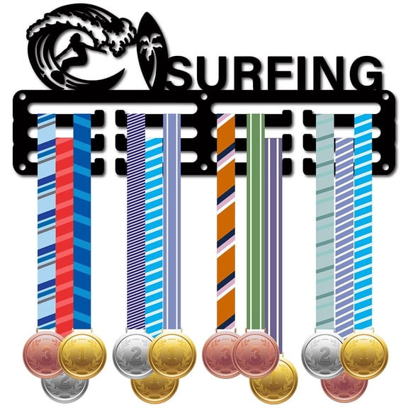 1set Sports Theme Iron Medal Hanger Holder Display Wall Rack 3-Line with Screws Surfing Sports 130x290mm Hole: 5mm