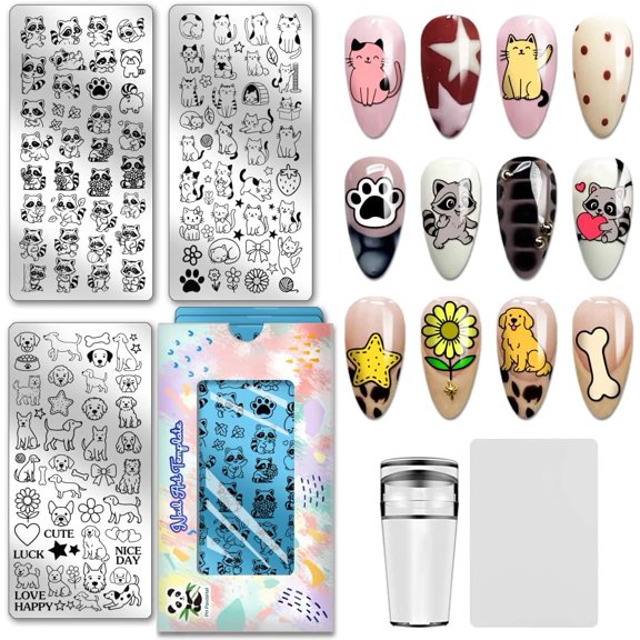 1set Stainless Steel DIY Nail Art Templates Template Tool Rectangle Animals 12x6cm 3pcs/set diy Gray