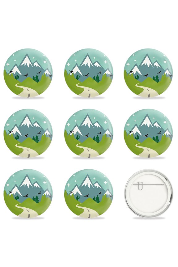 1set Tinplate Brooch with Plastic Bottom Iron Pin Flat Round Colorful Mountain Pattern 58x4mm 9pcs/set