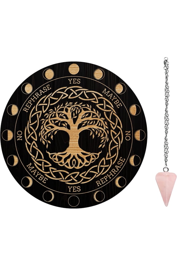 1set Tree of Life Pendulum Board Dowsing Divination Metaphysical Message Board Wooden Carven Board with Pendulum Necklace Divination for Witchcraft Wiccan Altar Supplies Kit 7.8inch