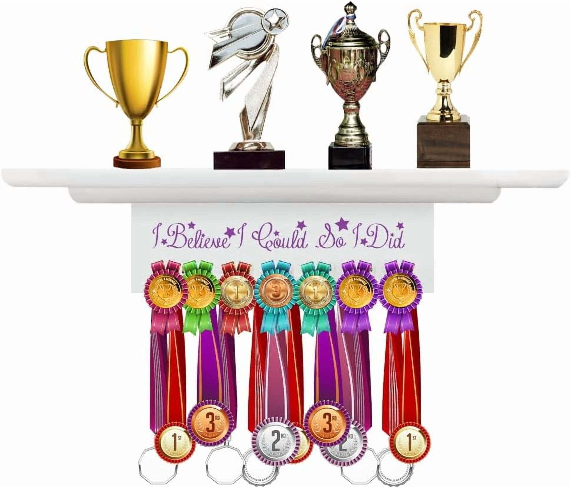1set Trophy and Medal Display Shelf Wooden Trophy Shelf Board Display Hooks for Medals Wall Mount Medal Holder Display Rack Hanger Gymnastics Running Race Medals Award for Athletes White DIY