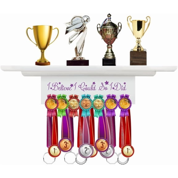 1set Trophy and Medal Display Shelf Wooden Trophy Shelf Board Display Hooks for Medals Wall Mount Medal Holder Display Rack Hanger Gymnastics Running Race Medals Award for Athletes White DIY