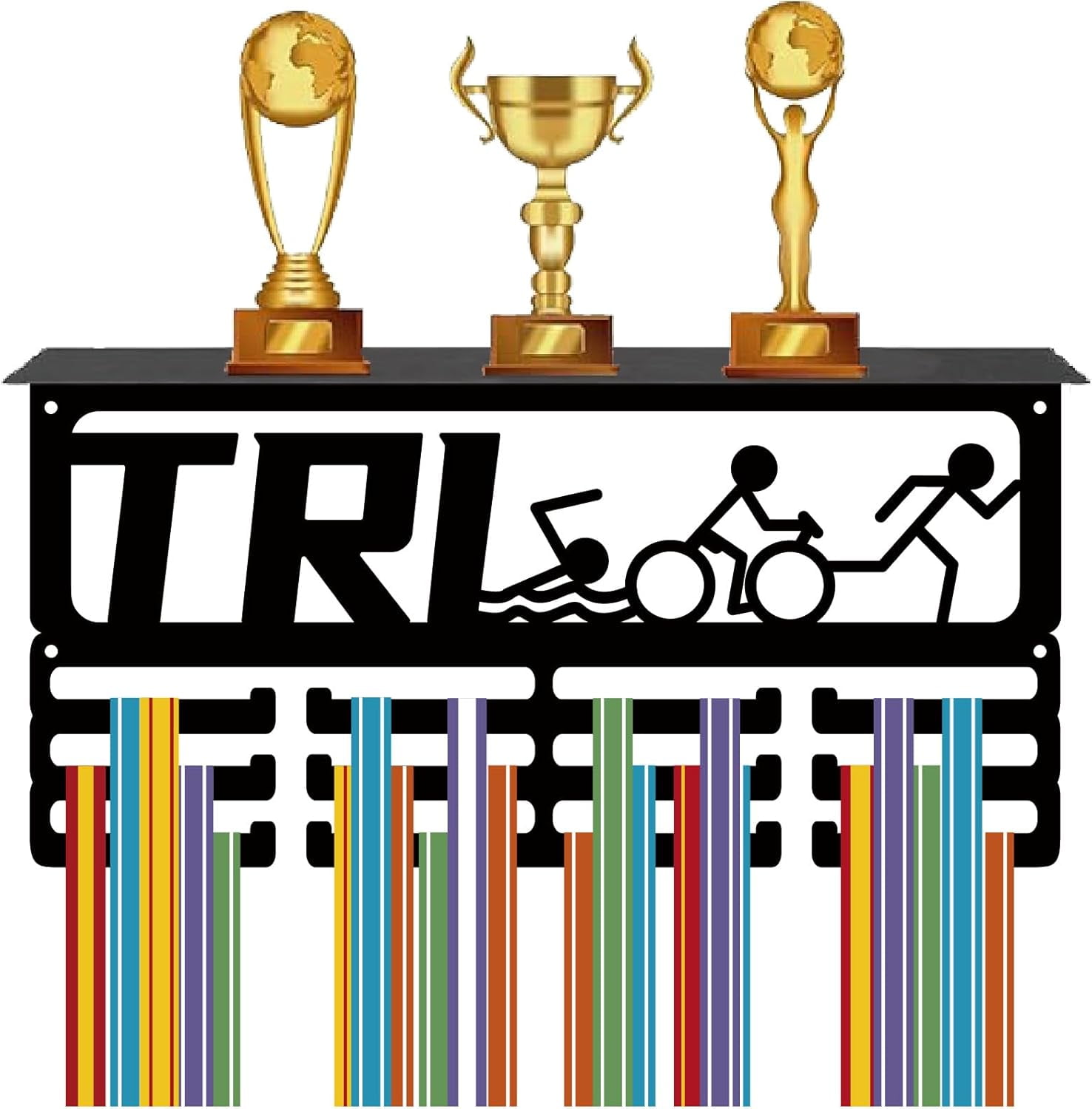 1set Troy and Medal Stand Triathlon Medal Display Metal Black Rectangle 3 Rows Sport Iron Wall Mount Hold 60+ Athlete Awards Hang Holder for Triathlon Running Sports Race Cheer 15.7 x 7.9 Inch