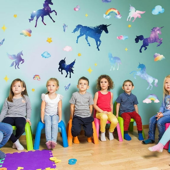 1set Unicorn Wall Decal Rainbow Clouds Stars Wall Sticker Cute Gradient color Unicorn Wall Decals for Bedroom Living Room Nursery Kindergarten Girl's Room Decoration