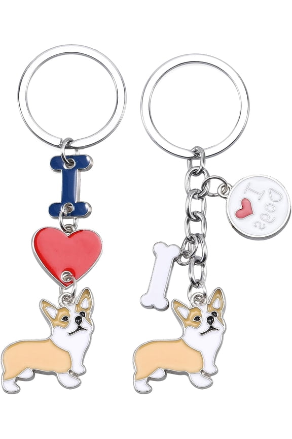 1set WEWAYSMILE 2 pcs Dog Keychain Car Keychain Pet Key-Ring Lovely Dog Key-ring Portable Metal Keychain Gift for Pet Lover Birthday Puppy Theme Party Supplies (Yellow Corgi) 9.75x2.4cm