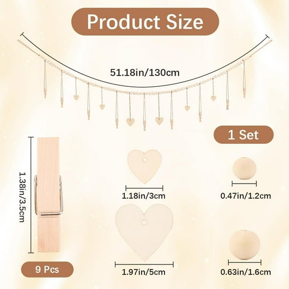 1set Wall Hanging Photo Display with Wooden Beads Garland with Wooden Clip for Home Decorations Antique White 1300mm