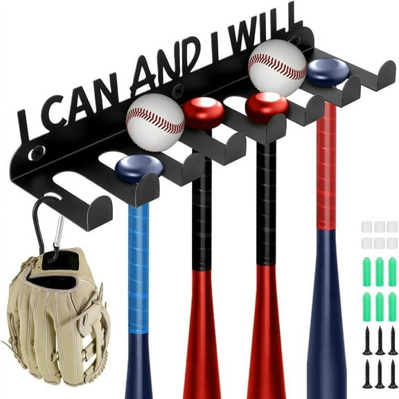 1set Wall Mount Baseball Bat Holder Iron Baseball Softball Bats Organizer Bat Rack Mount on Wall for Display and Storage Home- Word I Can and I Will Black DIY