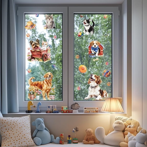 1set Waterproof PVC Colored Laser Stained Window Film Static Stickers Rainbow Electrostatic Window Decals Dog 300x1200mm