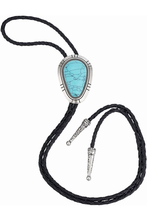 1set Western Cowboy Bolo Tie Necklace Genunie Leather Braid Necktie Necklace with Turquoise Stone Alloy